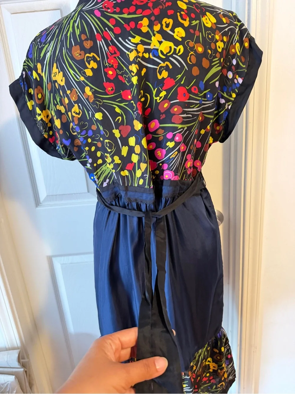 Anthropologie Navy Embroidered Midi Dress with Multicolor Floral Detail